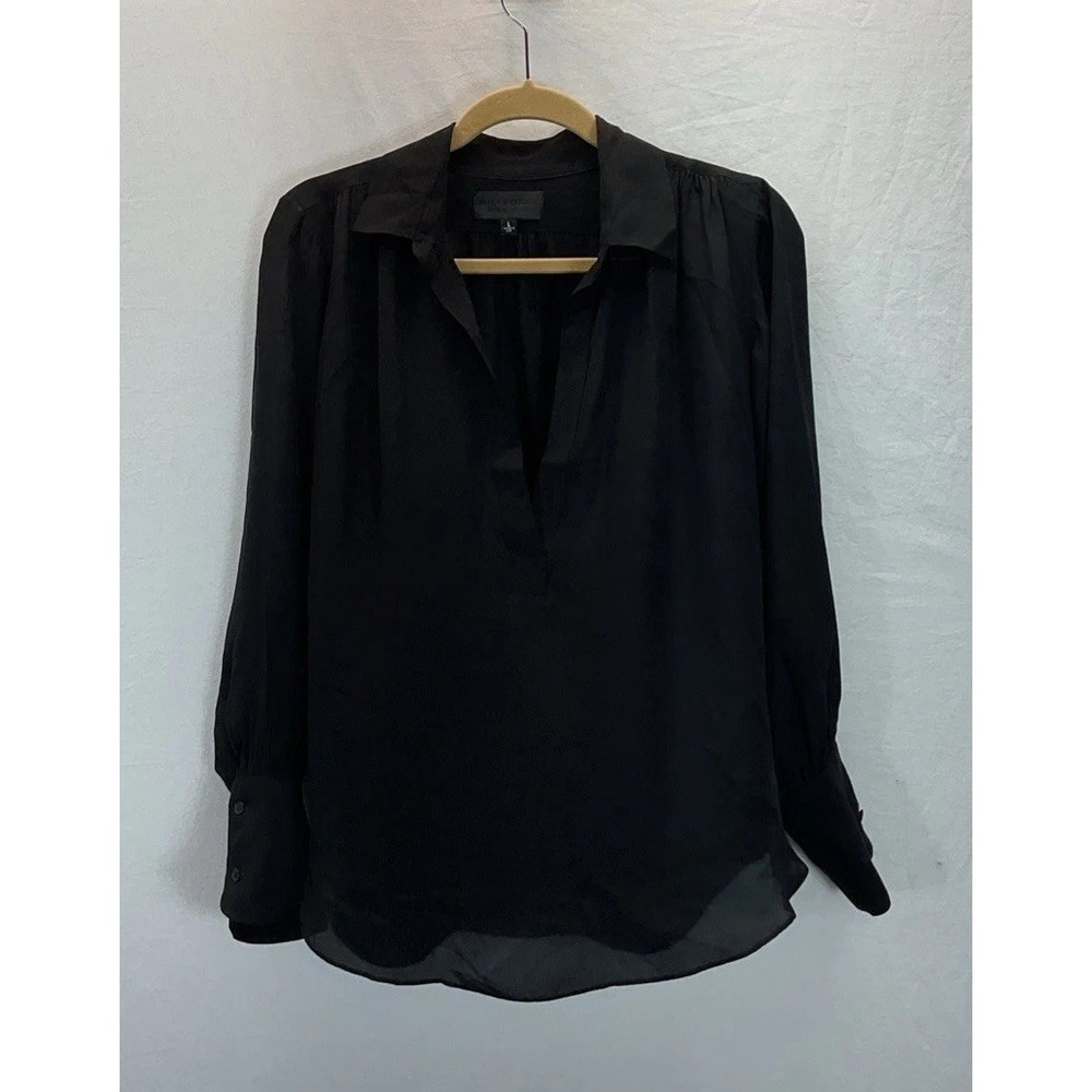 Nili Lotan Career Blouse, Sz LG‎ Black Popover top 100% Silk, USA v neck l